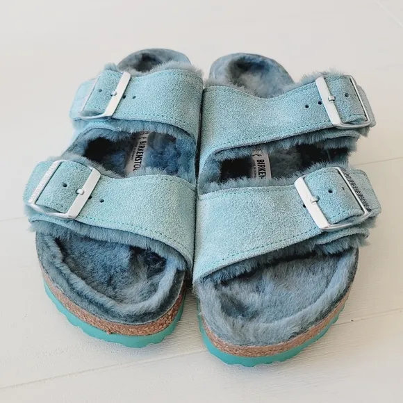 🆕️ Birkenstock Arizona Shearling Suede Leather Sandals in Beryl - Like New