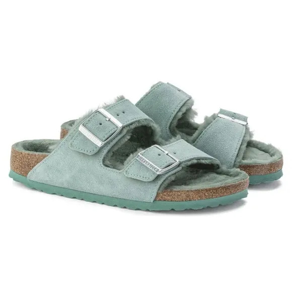 🆕️ Birkenstock Arizona Shearling Suede Leather Sandals in Beryl - Like New