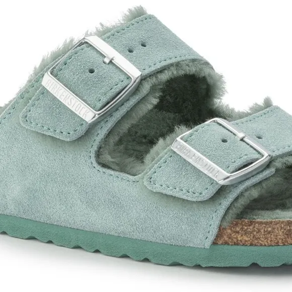 🆕️ Birkenstock Arizona Shearling Suede Leather Sandals in Beryl - Like New