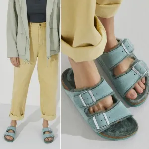 🆕️ Birkenstock Arizona Shearling Suede Leather Sandals in Beryl - Like New