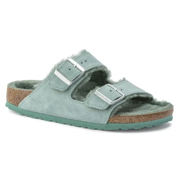 🆕️ Birkenstock Arizona Shearling Suede Leather Sandals in Beryl - Like New
