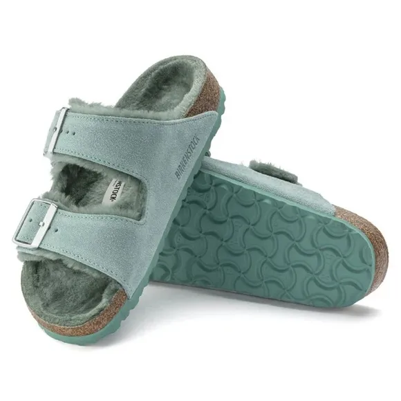 🆕️ Birkenstock Arizona Shearling Suede Leather Sandals in Beryl - Like New