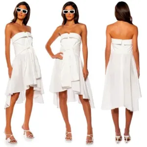 💥 EDGY CHIC💥STUNNING CRISP WHITE MOCK SLEEVE TIE HIGH-LOW A-LINE DRESS SHIRT