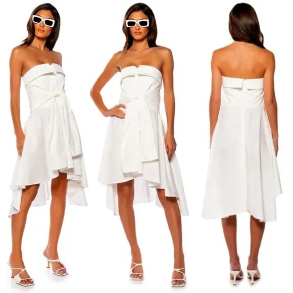 💥 EDGY CHIC💥STUNNING CRISP WHITE MOCK SLEEVE TIE HIGH-LOW A-LINE DRESS SHIRT