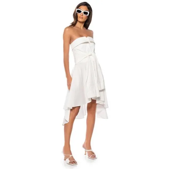 💥 EDGY CHIC💥STUNNING CRISP WHITE MOCK SLEEVE TIE HIGH-LOW A-LINE DRESS SHIRT
