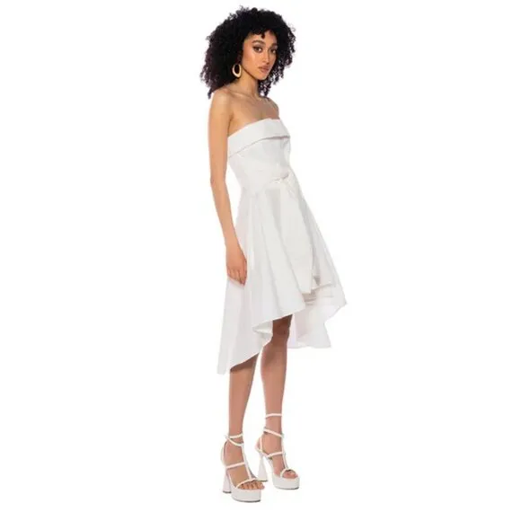 💥 EDGY CHIC💥STUNNING CRISP WHITE MOCK SLEEVE TIE HIGH-LOW A-LINE DRESS SHIRT