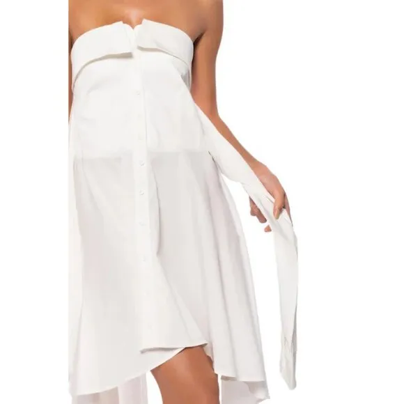 💥 EDGY CHIC💥STUNNING CRISP WHITE MOCK SLEEVE TIE HIGH-LOW A-LINE DRESS SHIRT