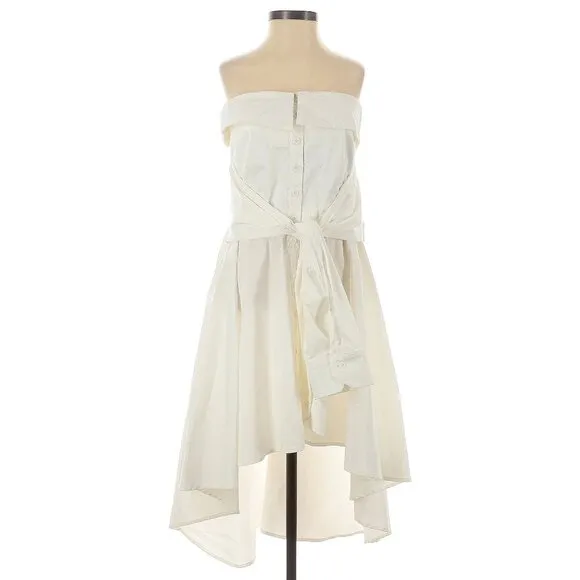 💥 EDGY CHIC💥STUNNING CRISP WHITE MOCK SLEEVE TIE HIGH-LOW A-LINE DRESS SHIRT