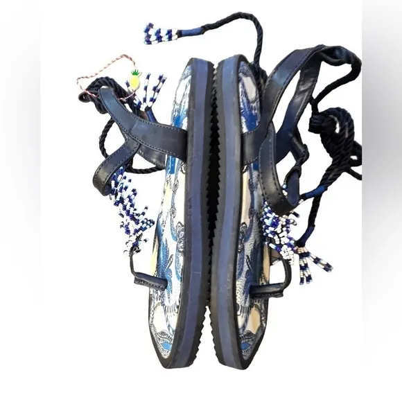 ▶️ Farm Rio ◀️ BLUE TILE BLACK BANANA BEADED FLAT SANDAL - Size 6