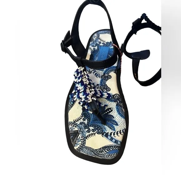 ▶️ Farm Rio ◀️ BLUE TILE BLACK BANANA BEADED FLAT SANDAL - Size 6