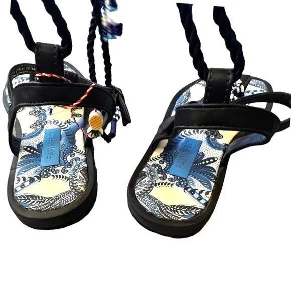 ▶️ Farm Rio ◀️ BLUE TILE BLACK BANANA BEADED FLAT SANDAL - Size 6
