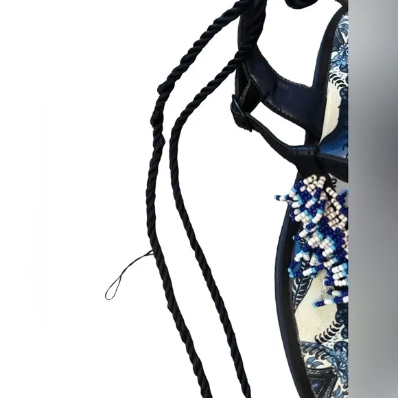 ▶️ Farm Rio ◀️ BLUE TILE BLACK BANANA BEADED FLAT SANDAL - Size 6