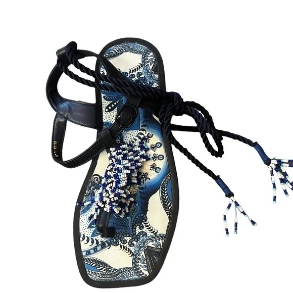 ▶️ Farm Rio ◀️ BLUE TILE BLACK BANANA BEADED FLAT SANDAL - Size 6