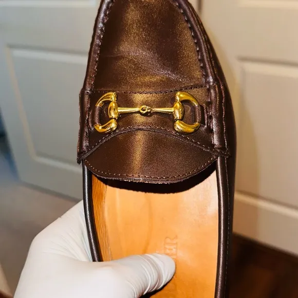 . Jay Butler’s Men's Horse Bit Brown Leather Loafers with Gold Detailing.