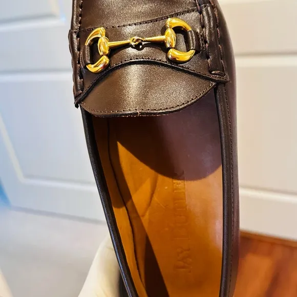 . Jay Butler’s Men's Horse Bit Brown Leather Loafers with Gold Detailing.