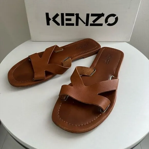 ⭕️ KENZO Women’s OPANKA FLAT MULE Slippers Sandals Brown Size 39 Leather