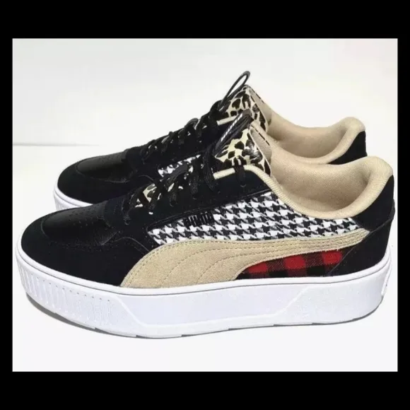 ☎️ Puma Karmen Rebelle Womens Plaid Patchwork Black White Fashion Sneakers
