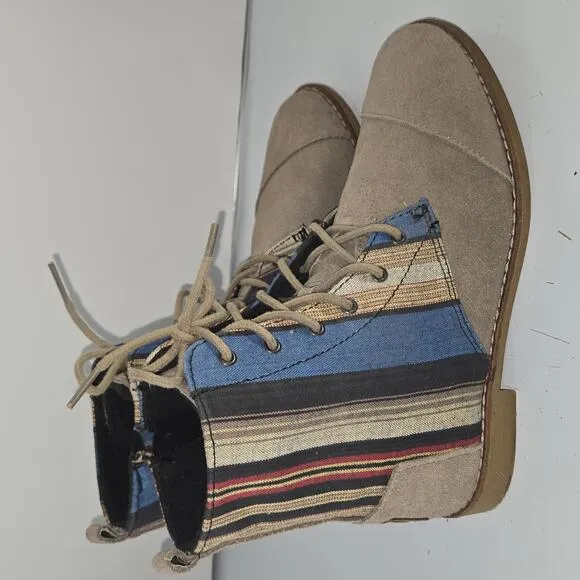 0202 TOMS Alpa Boots Taupe Suede Leather Striped Colorful Women's Size 7.5W