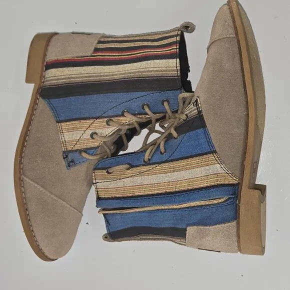 0202 TOMS Alpa Boots Taupe Suede Leather Striped Colorful Women's Size 7.5W