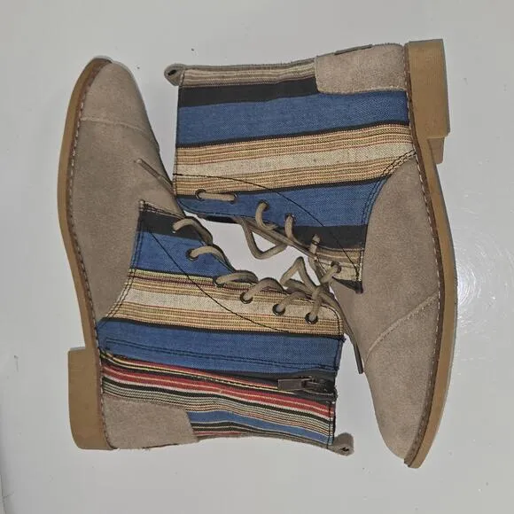 0202 TOMS Alpa Boots Taupe Suede Leather Striped Colorful Women's Size 7.5W