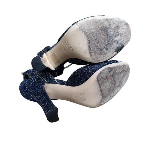 2010s Miu Miu glam twee sparkle metallic open toe high heel sandals size 36.5