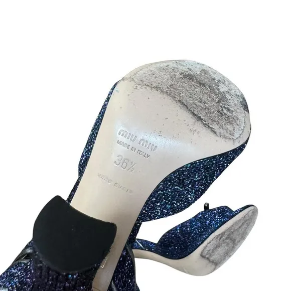 2010s Miu Miu glam twee sparkle metallic open toe high heel sandals size 36.5