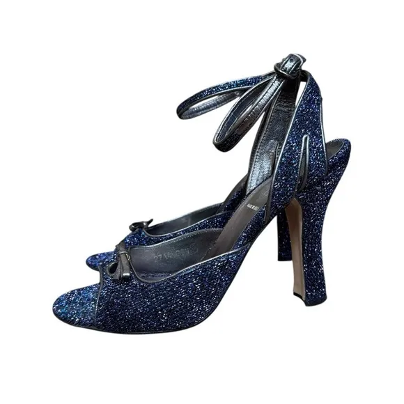 2010s Miu Miu glam twee sparkle metallic open toe high heel sandals size 36.5