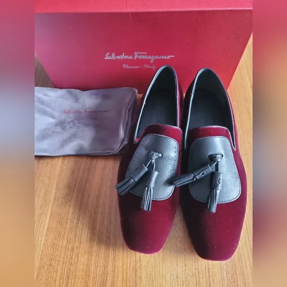 $685 New Salvatore Ferragamo Men Finnegan Red Velvet Tassel Loafers 10.5