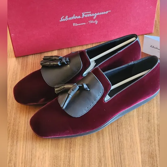 $685 New Salvatore Ferragamo Men Finnegan Red Velvet Tassel Loafers 10.5