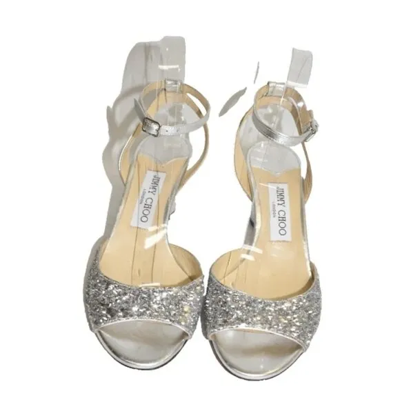 $750 JIMMY CHOO Coarse Glitter Miranda Sandals LEATHER SILVER ITALY 37.5 (TE10)