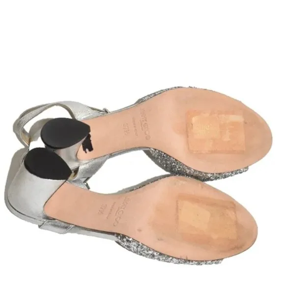 $750 JIMMY CHOO Coarse Glitter Miranda Sandals LEATHER SILVER ITALY 37.5 (TE10)