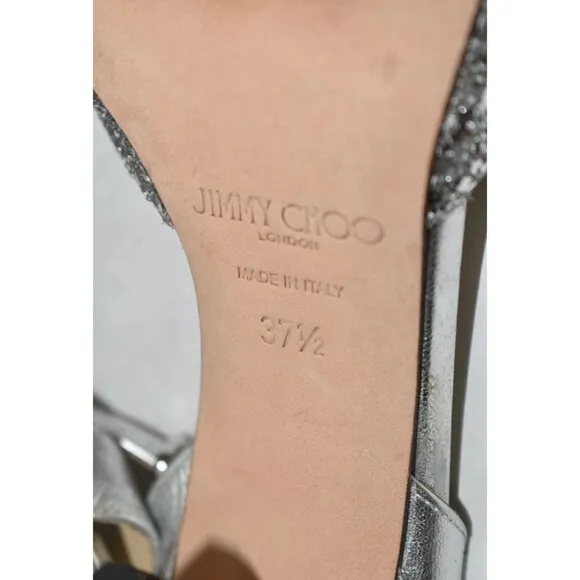 $750 JIMMY CHOO Coarse Glitter Miranda Sandals LEATHER SILVER ITALY 37.5 (TE10)