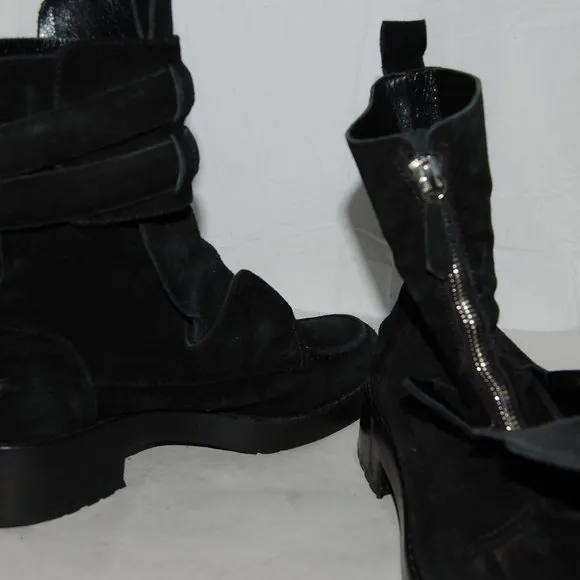 $795❤️38/8 Balenciaga Ankle Boots Black Suede Buckles Biker Riding Booties