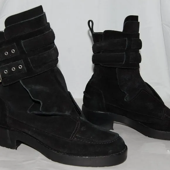 $795❤️38/8 Balenciaga Ankle Boots Black Suede Buckles Biker Riding Booties
