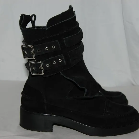 $795❤️38/8 Balenciaga Ankle Boots Black Suede Buckles Biker Riding Booties