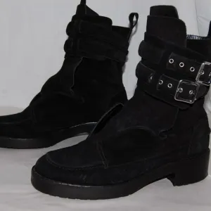 $795❤️38/8 Balenciaga Ankle Boots Black Suede Buckles Biker Riding Booties