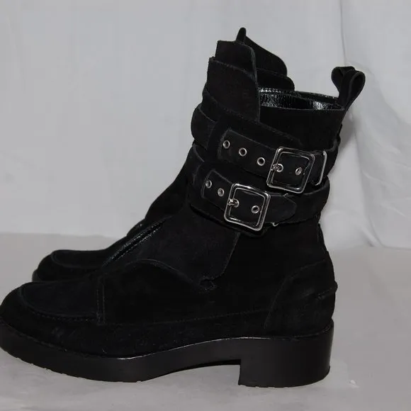 $795❤️38/8 Balenciaga Ankle Boots Black Suede Buckles Biker Riding Booties