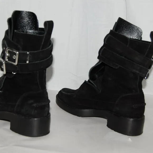 $795❤️38/8 Balenciaga Ankle Boots Black Suede Buckles Biker Riding Booties