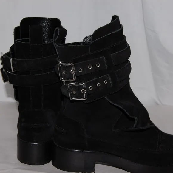$795❤️38/8 Balenciaga Ankle Boots Black Suede Buckles Biker Riding Booties
