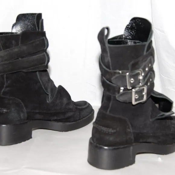 $795❤️38/8 Balenciaga Ankle Boots Black Suede Buckles Biker Riding Booties