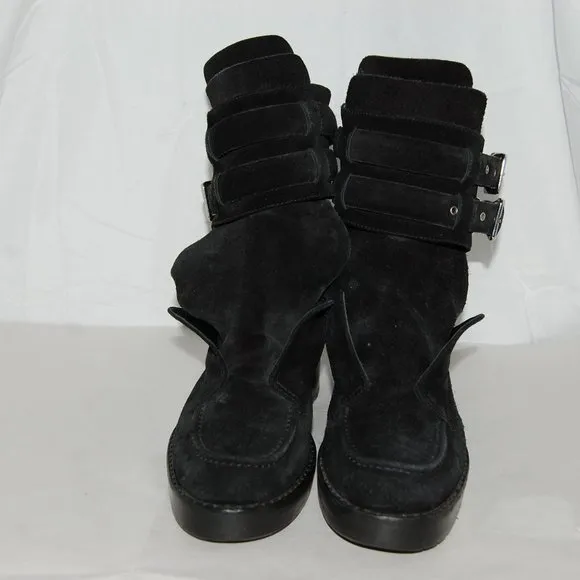 $795❤️38/8 Balenciaga Ankle Boots Black Suede Buckles Biker Riding Booties