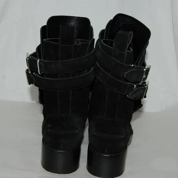 $795❤️38/8 Balenciaga Ankle Boots Black Suede Buckles Biker Riding Booties