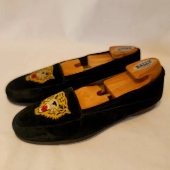 80s SUSAN BENNIS WARREN EDWARDS Loafer Men's BLK Suede Leather Tiger Applique