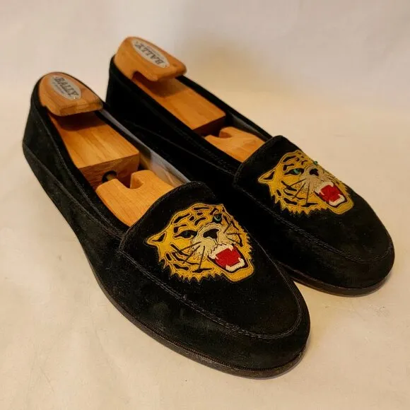 80s SUSAN BENNIS WARREN EDWARDS Loafer Men's BLK Suede Leather Tiger Applique