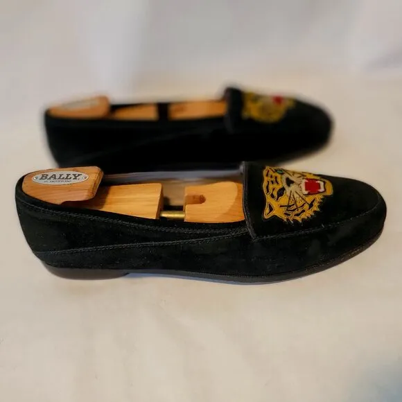 80s SUSAN BENNIS WARREN EDWARDS Loafer Men's BLK Suede Leather Tiger Applique