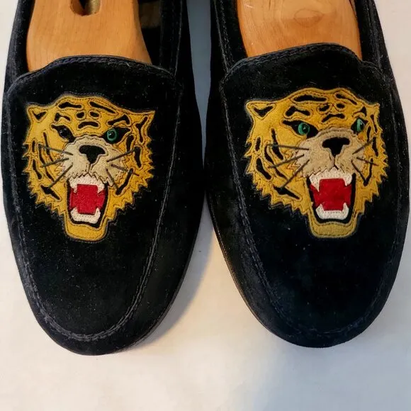 80s SUSAN BENNIS WARREN EDWARDS Loafer Men's BLK Suede Leather Tiger Applique