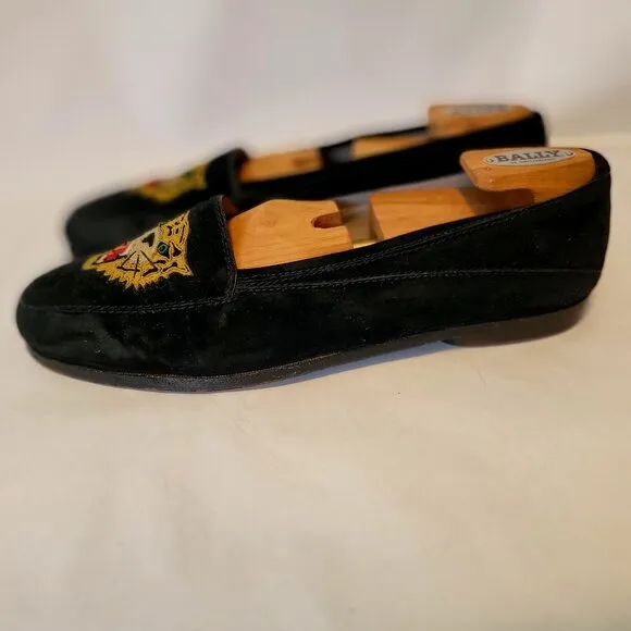 80s SUSAN BENNIS WARREN EDWARDS Loafer Men's BLK Suede Leather Tiger Applique