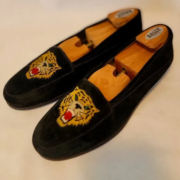 80s SUSAN BENNIS WARREN EDWARDS Loafer Men's BLK Suede Leather Tiger Applique