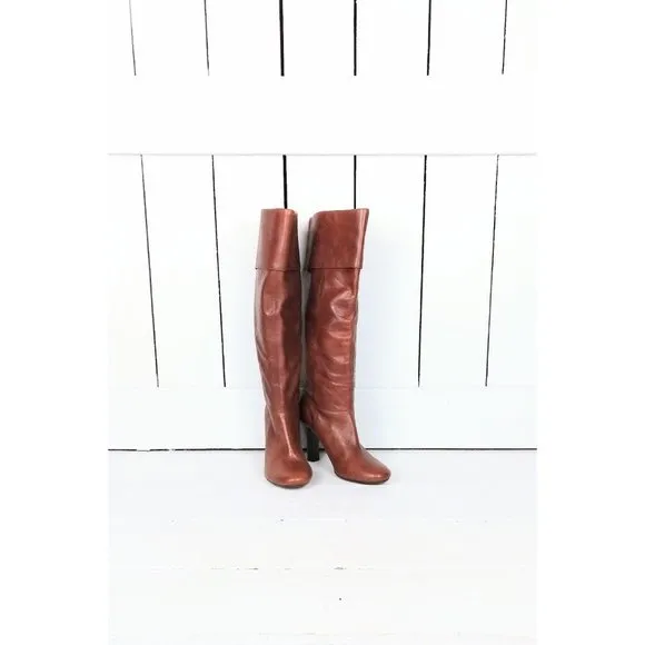 90s brown tall cuffed high heel leather boots rounded toe boots