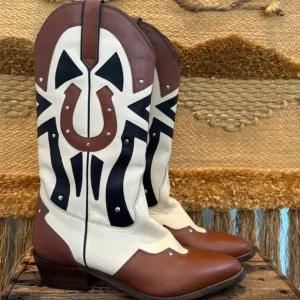 ACME Vintage 70s 80s Horseshoe Leather Inlay Cowboy Western Boots Size 7.5